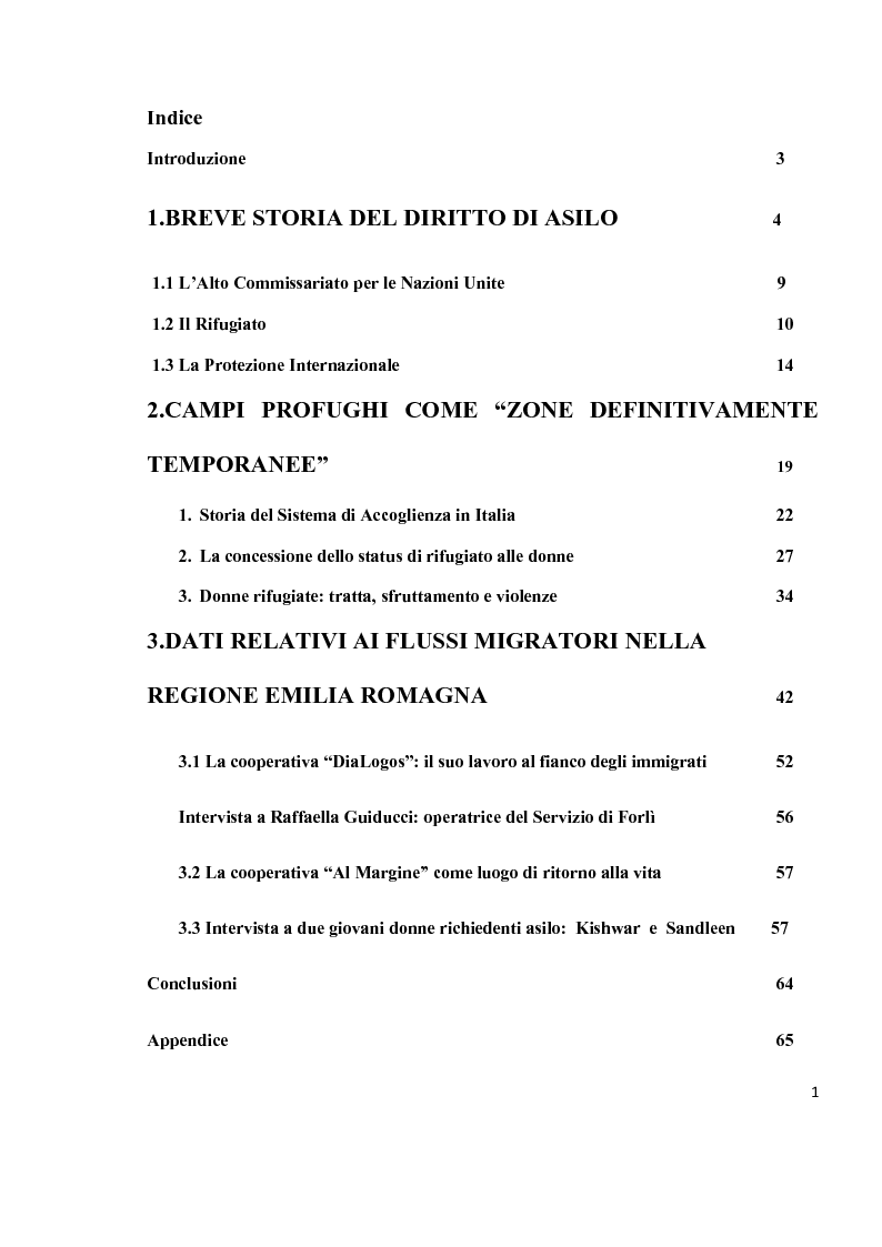 Indice della tesi: Donne rifugiate e richiedenti asilo: Progetto SPRAR a Forlì, Pagina 1