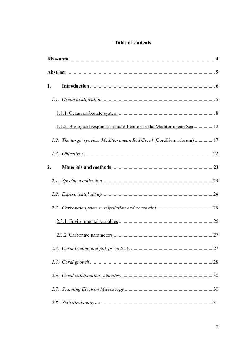 Indice della tesi: Impact of ocean acidification on Corallium rubrum (L. 1758): an experimental approach, Pagina 1