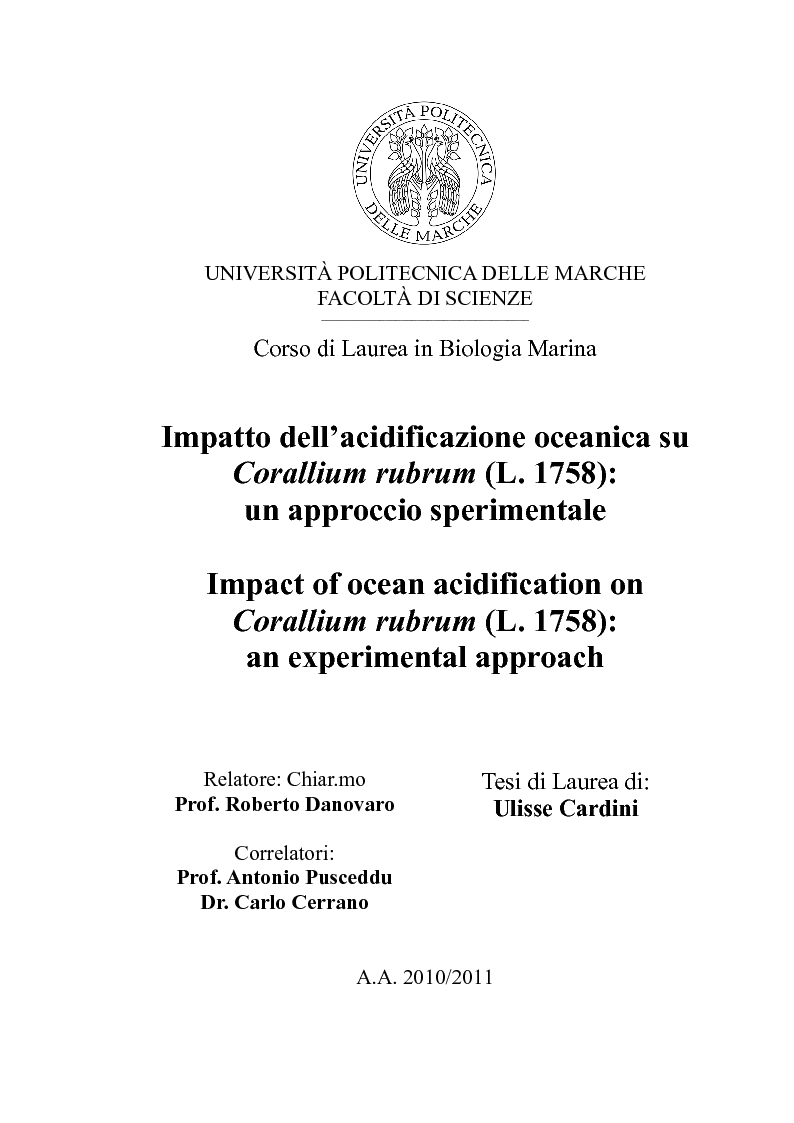 Anteprima della tesi: Impact of ocean acidification on Corallium rubrum (L. 1758): an experimental approach, Pagina 1