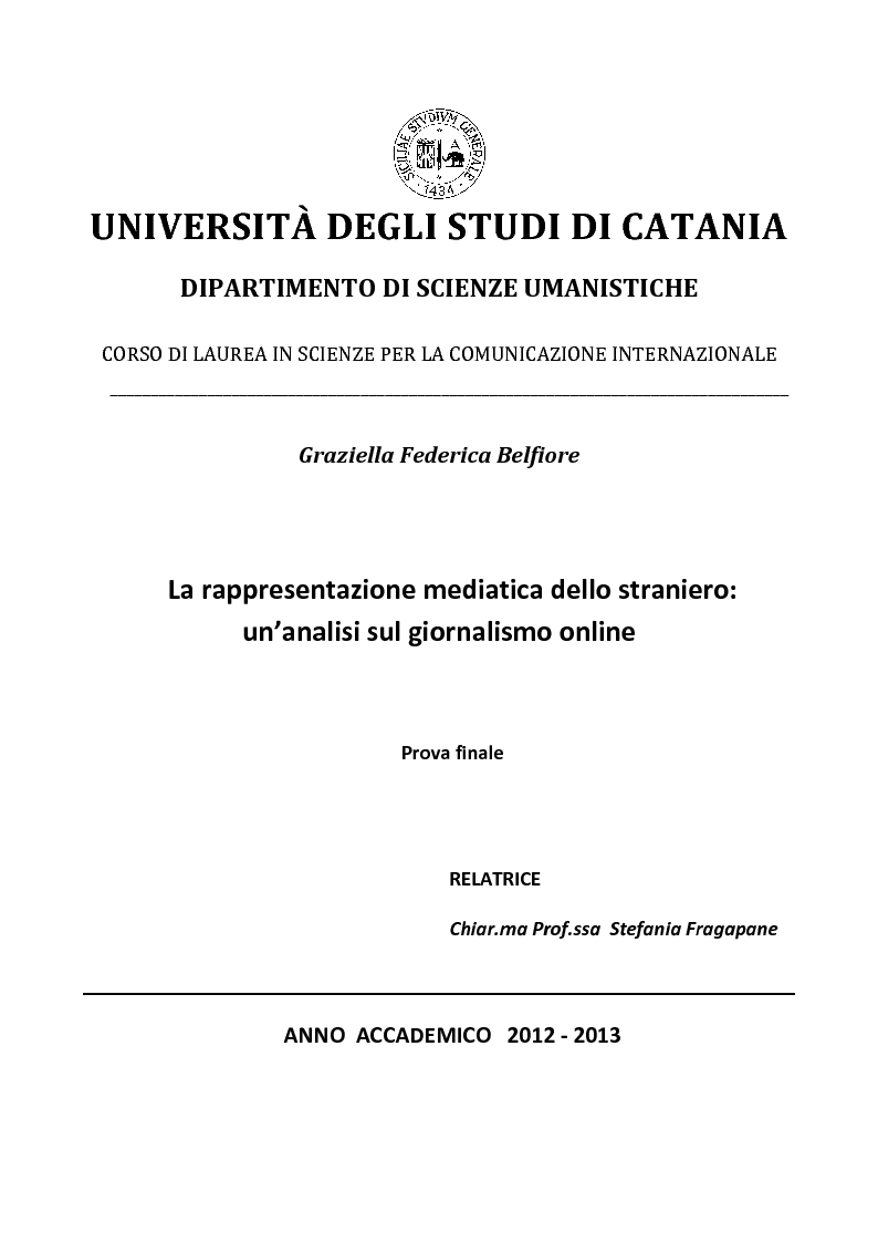 Anteprima della tesi: La rappresentazione mediatica dello straniero: un'analisi sul giornalismo online, Pagina 1