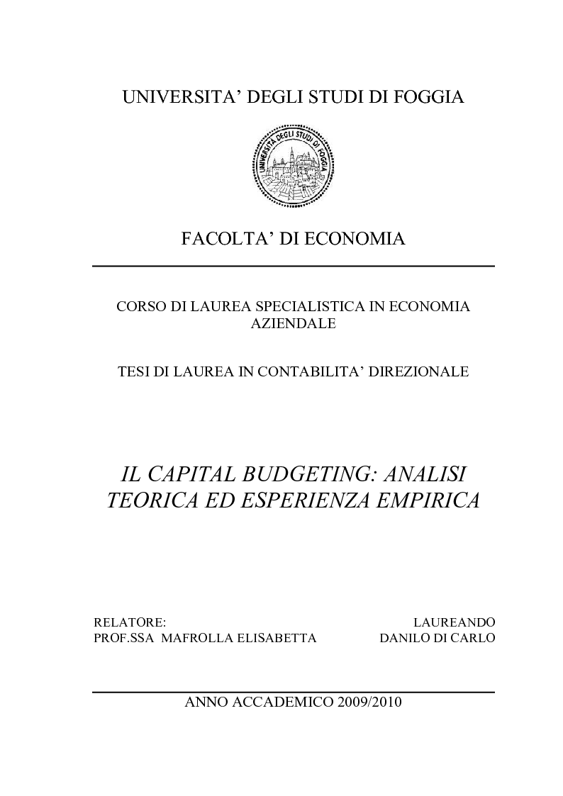 Anteprima della tesi: Il Capital Budgeting: analisi teorica ed esperienza empirica, Pagina 1