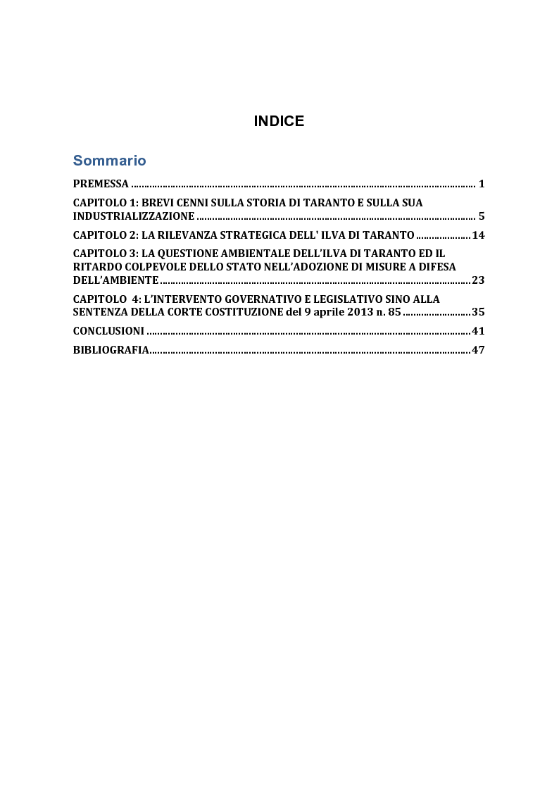 Indice della tesi: Il caso dell'ILVA di Taranto e il difficile rapporto tra produzione e questione ambientale, Pagina 1