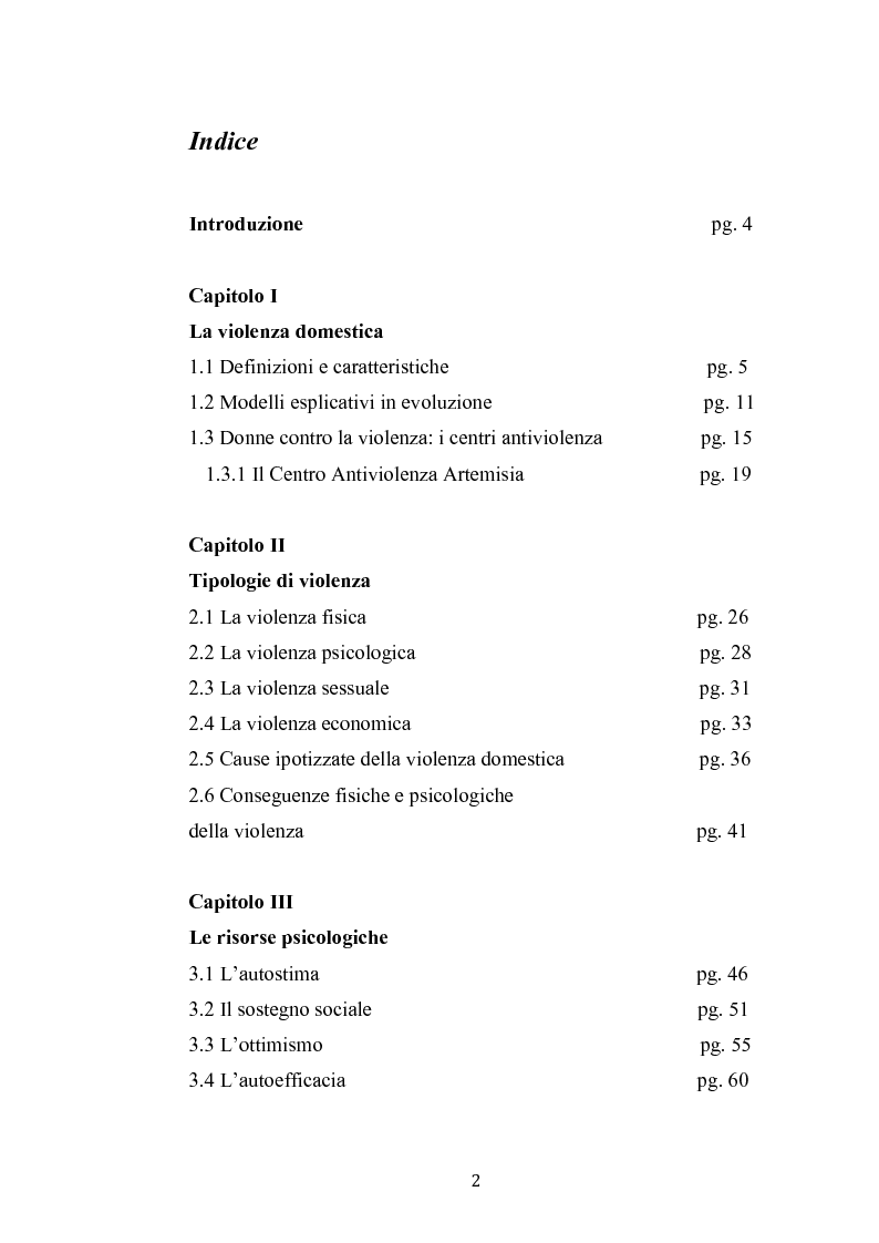 Indice della tesi: Risorse psicologiche: indagine esplorativa su un campione di donne maltrattate, Pagina 1