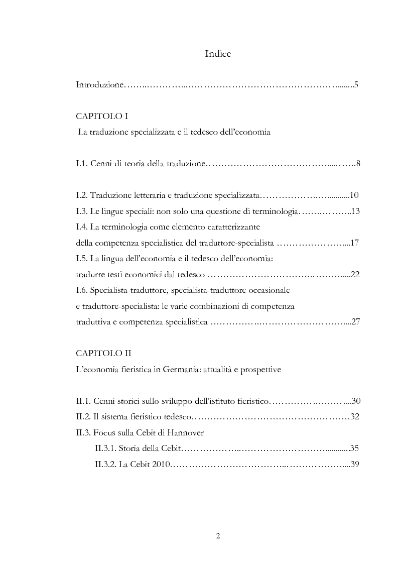 Indice della tesi: Comunicazione e traduzione specializzata nel quadro dell’economia fieristica tedesca: la Cebit di Hannover, Pagina 1