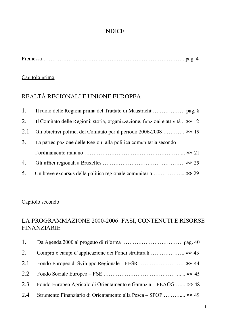 Indice della tesi: I Fondi strutturali nel quadro delle politiche dell'Unione Europea: le programmazioni 2000-2006 e 2007-2013, Pagina 1