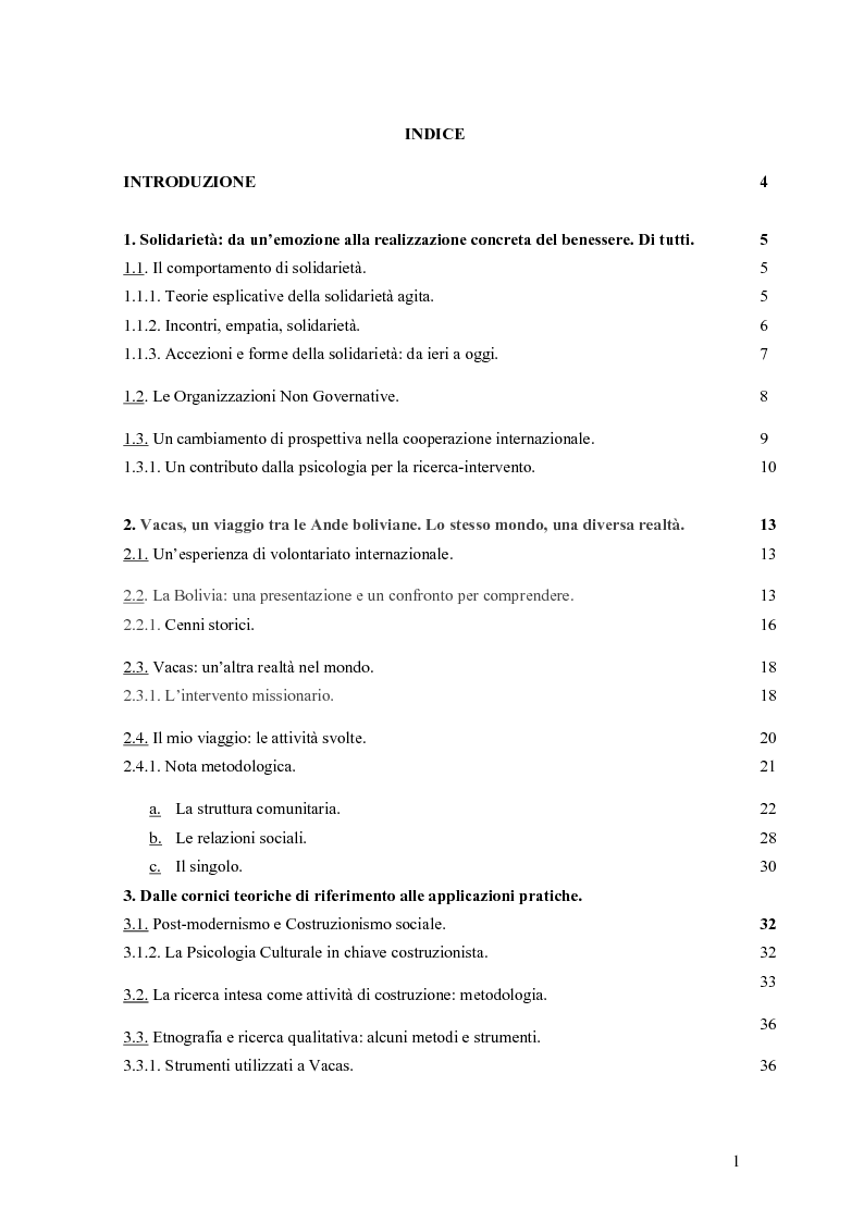 Indice della tesi: Psicologia e Cooperazione internazionale: studio di una comunità rurale delle Ande boliviane, Pagina 1