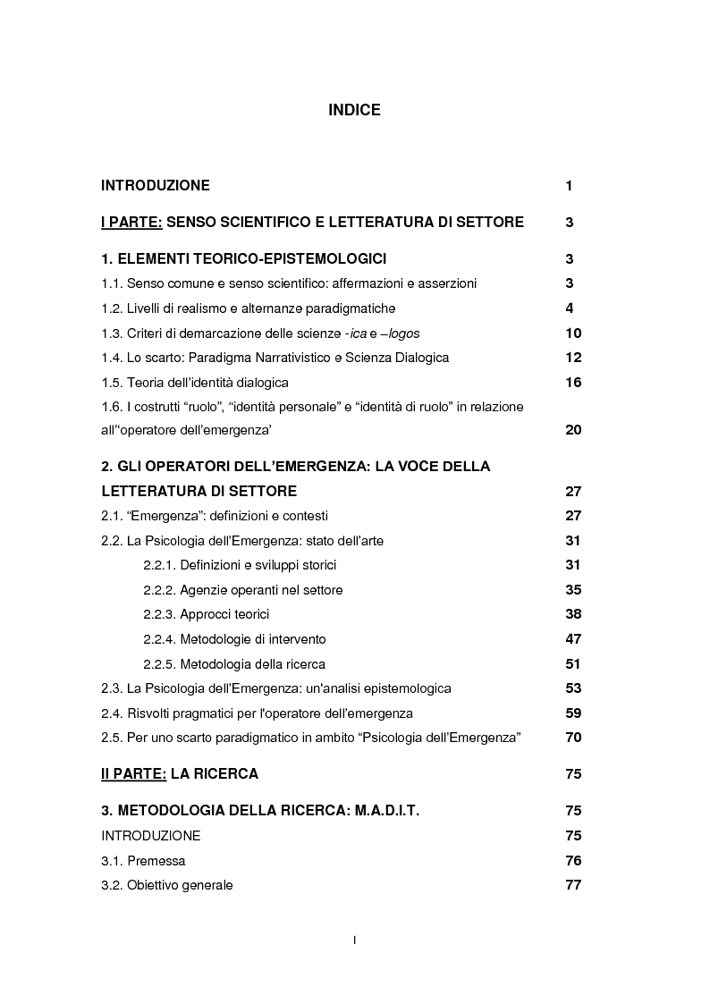 Indice della tesi: La configurazione discorsiva dell' "operatore dell'emergenza" : una ricerca esplorativa, Pagina 1