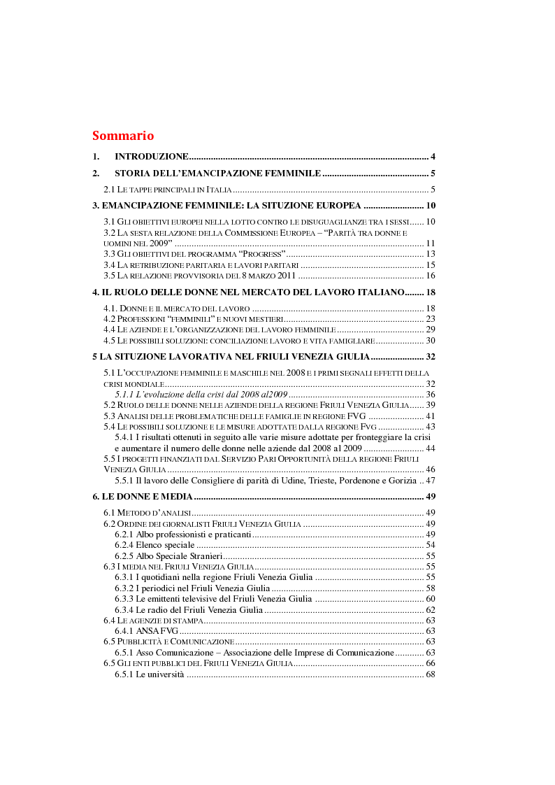 Indice della tesi: Donne e media: analisi della situazione occupazionale nel Friuli-Venezia Giulia, Pagina 1