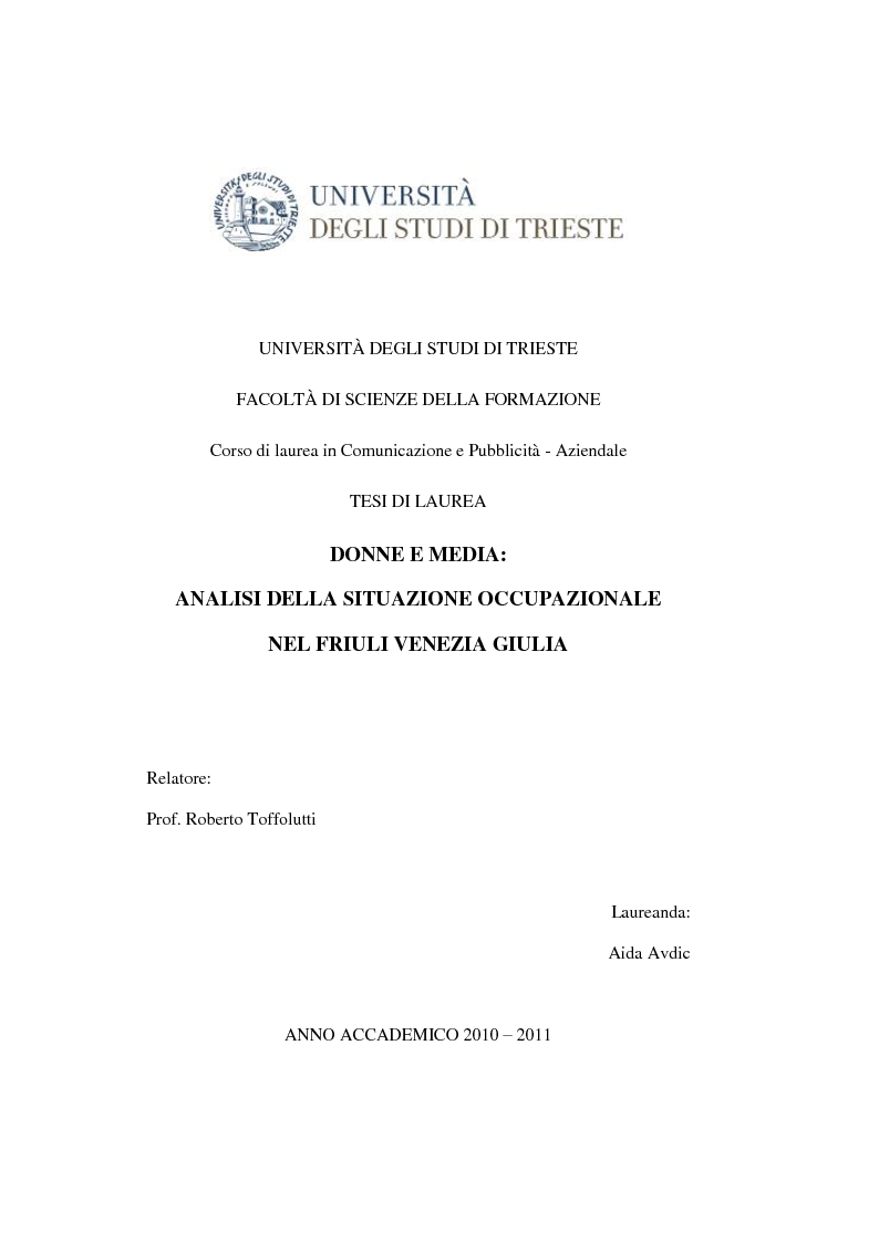 Anteprima della tesi: Donne e media: analisi della situazione occupazionale nel Friuli-Venezia Giulia, Pagina 1