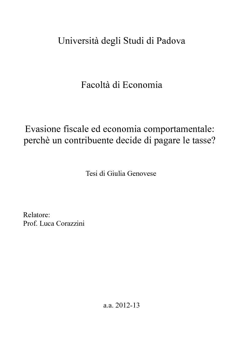 Anteprima della tesi: Evasione fiscale ed economia comportamentale: perchè un contribuente decide di pagare le tasse?, Pagina 1