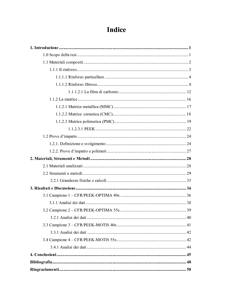 Indice della tesi: Caratterizzazione delle proprietà meccaniche di impatto di compositi polimerici basati su PEEK e fibre di carbonio, Pagina 1
