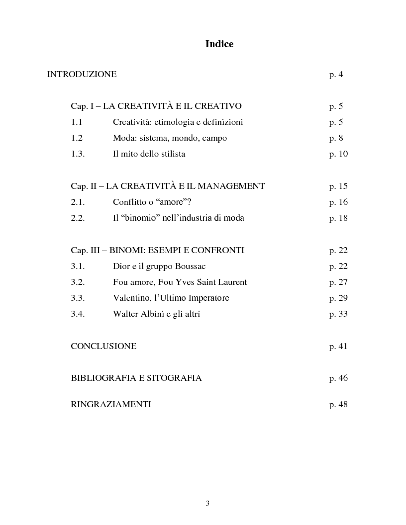 Indice della tesi: Lo stilista e il manager: un unico binomio. Creatività e management a confronto., Pagina 1