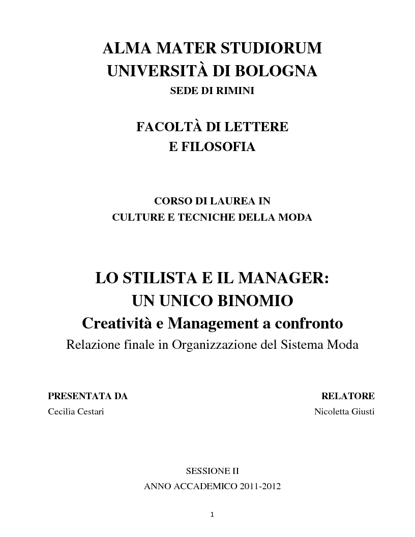 Anteprima della tesi: Lo stilista e il manager: un unico binomio. Creatività e management a confronto., Pagina 1
