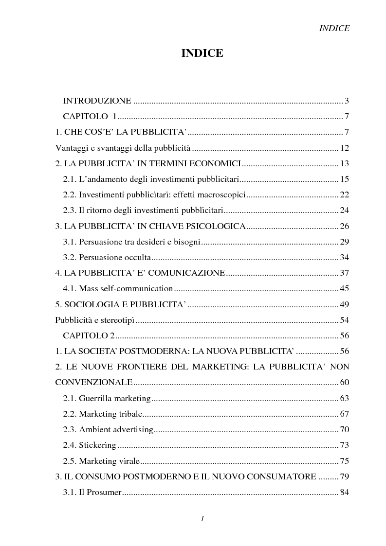 Indice della tesi: Gli ultimi scenari del medium pubblicitario, Pagina 1
