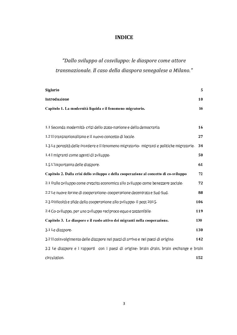 Indice della tesi: Dallo sviluppo al cosviluppo: le diaspore come attore transnazionale. Il caso della diaspora senegalese a Milano., Pagina 1