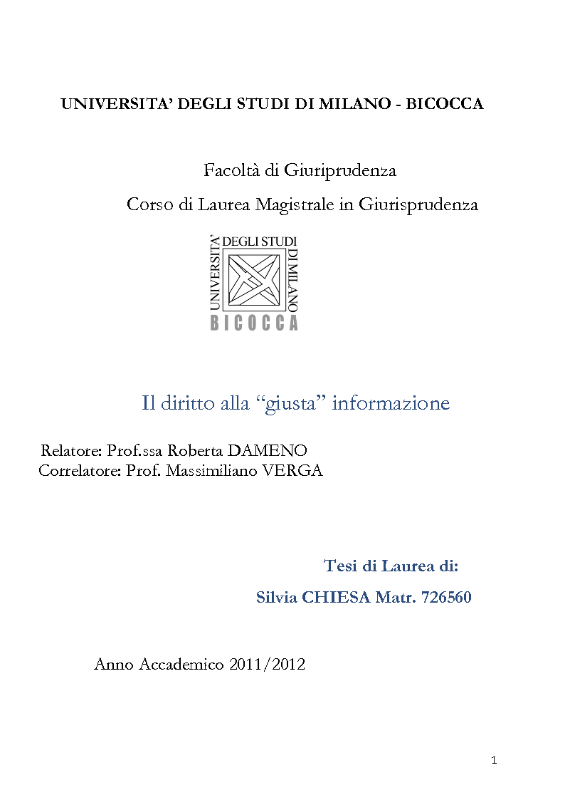 Anteprima della tesi: Il diritto alla ''giusta'' informazione, Pagina 1