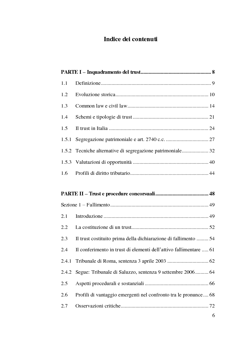 Indice della tesi: Trust e crisi d'impresa, Pagina 1