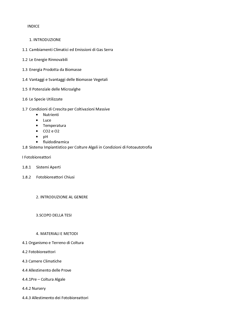 Indice della tesi: Effetto di differenti parametri fisico - chimici sulla crescita e produzione di glicolipidi in colture dell'alga verde Stichococcus bacillaris (Chlorophyta), Pagina 1