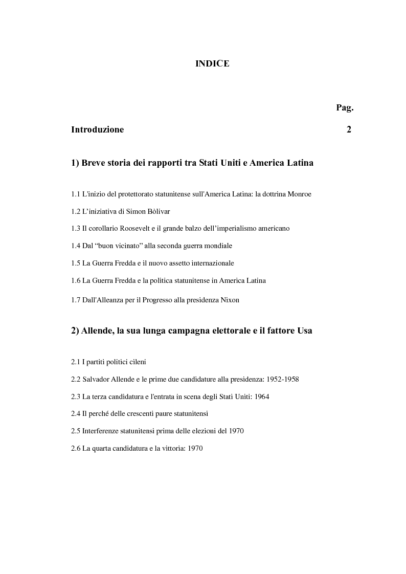 Indice della tesi: La politica estera degli Stati Uniti nei confronti dell'America Latina: il caso cileno, Pagina 1