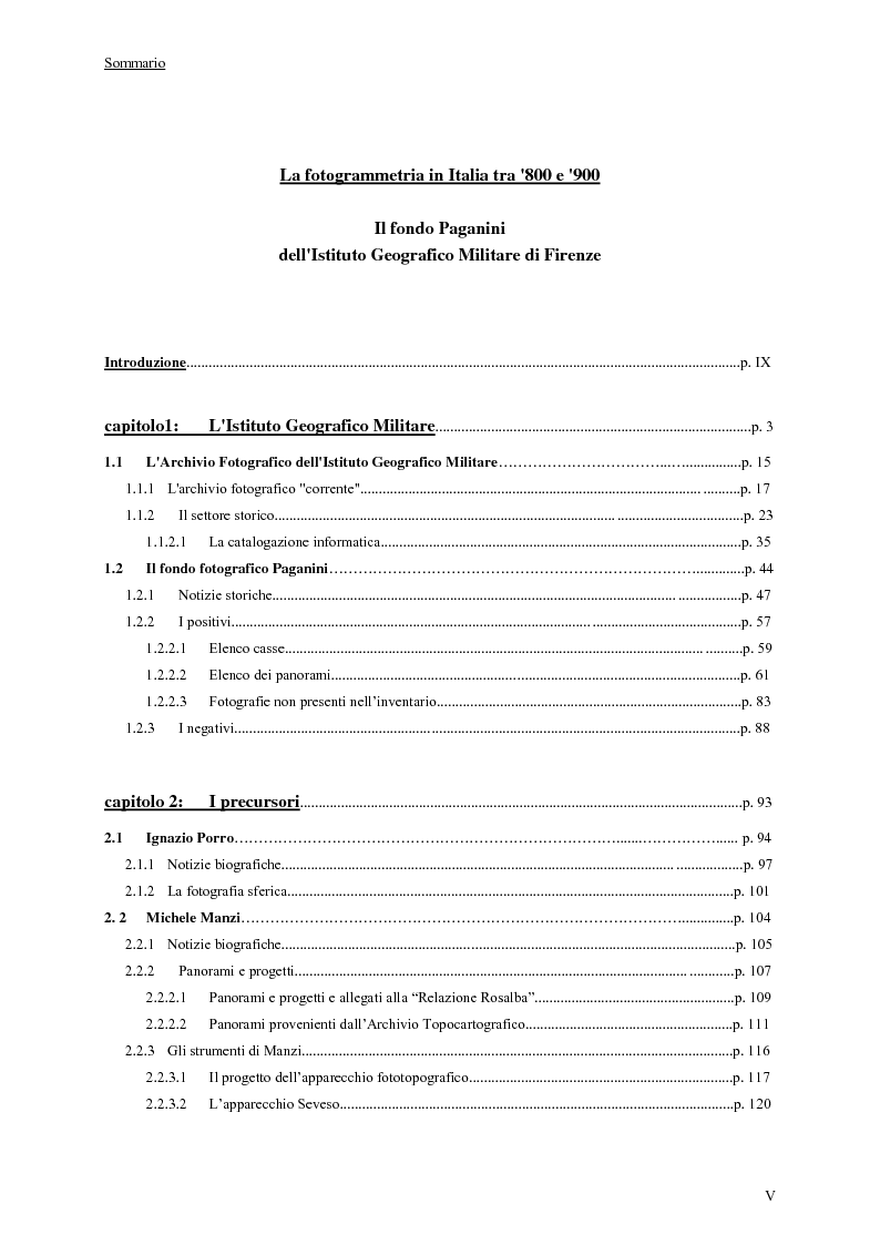 Indice della tesi: La fotogrammetria in Italia tra ‘800 e ‘900: il fondo Paganini dell’Istituto Geografico Militare di Firenze, Pagina 1