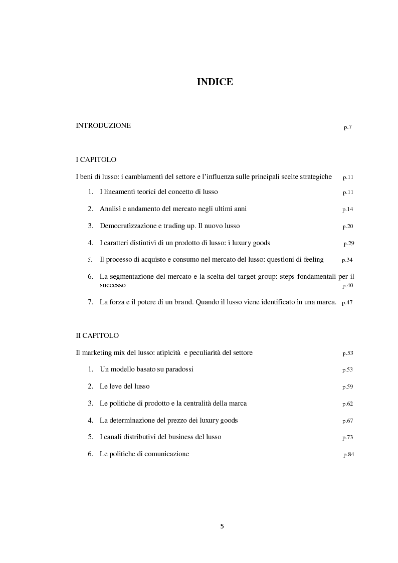 Indice della tesi: Il settore dei beni di lusso e le principali scelte del marketing mix. Il caso BVLGARI, Pagina 1
