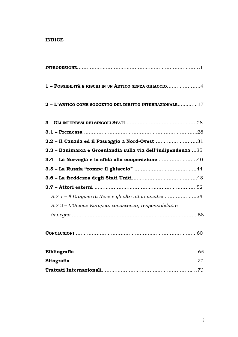 Indice della tesi: Sfida fra i ghiacci: l'Artico tra nuovi interessi geopolitici ed economici, Pagina 1