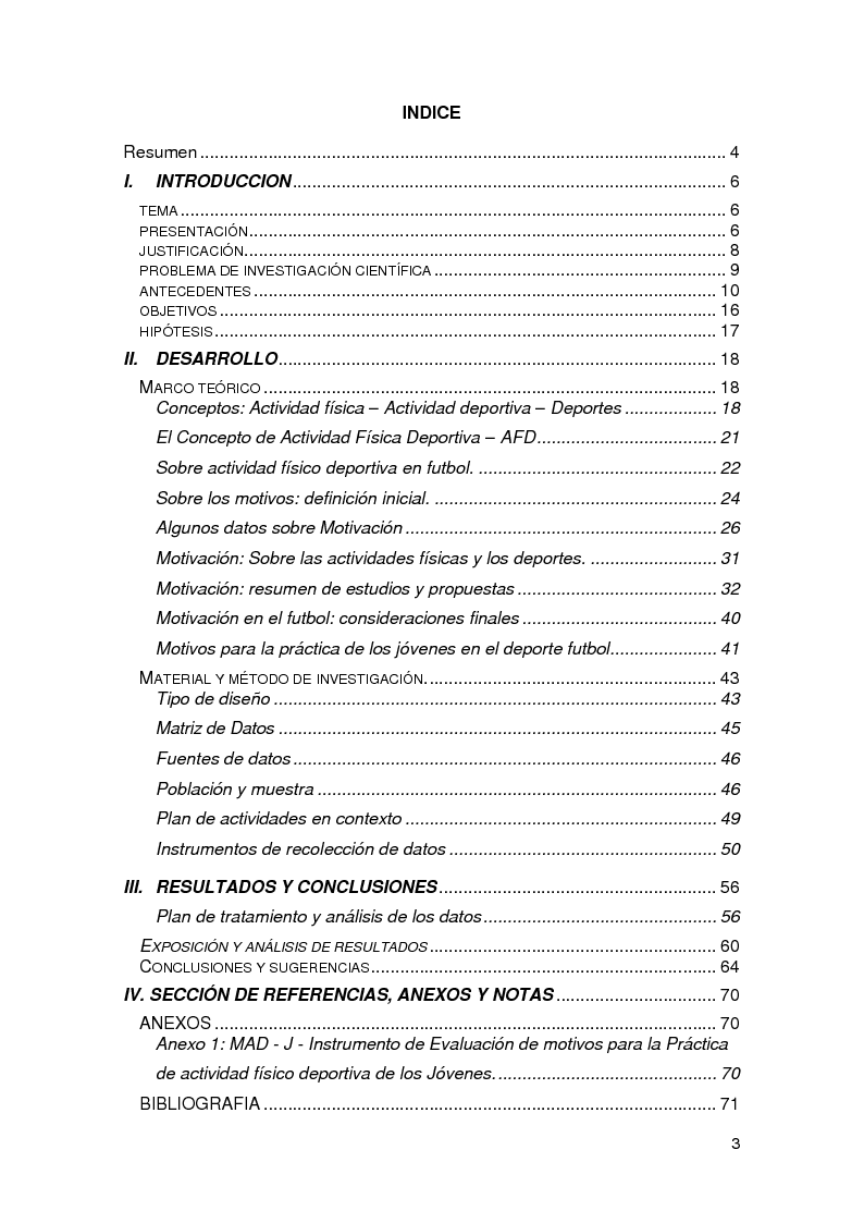 Indice della tesi: Jóvenes deportistas y sus motivos para practicar futbol, Pagina 1