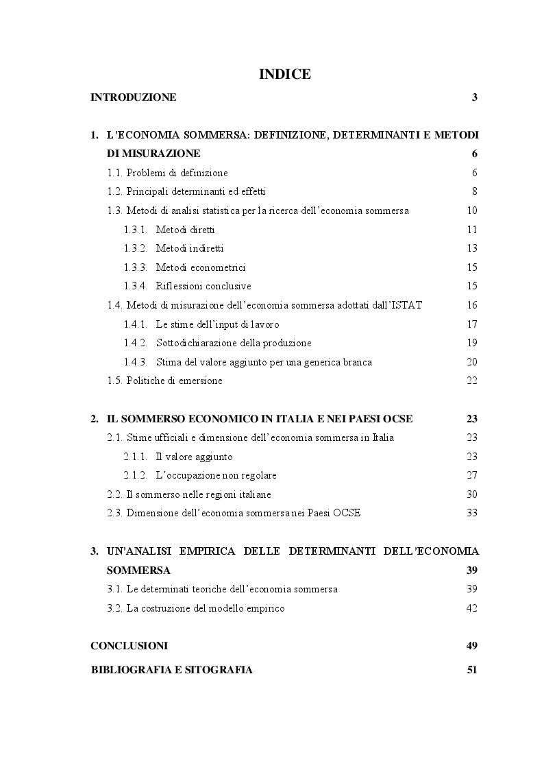 Indice della tesi: Economia sommersa: misure e analisi statistiche, Pagina 1