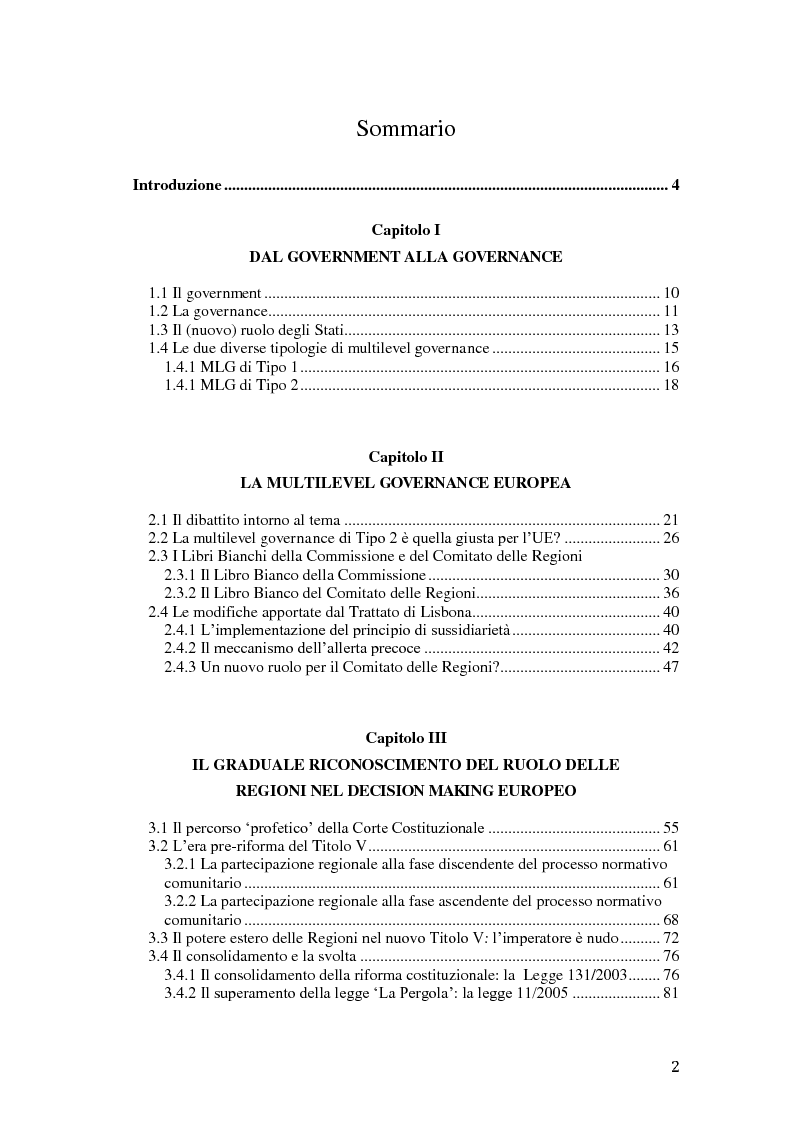 Indice della tesi: Le Regioni italiane nella Multilevel Governance Europea. L'esperienza della Puglia, Pagina 1