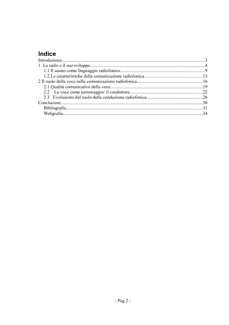 Indice della tesi: La comunicazione radiofonica: La voce del conduttore, Pagina 1