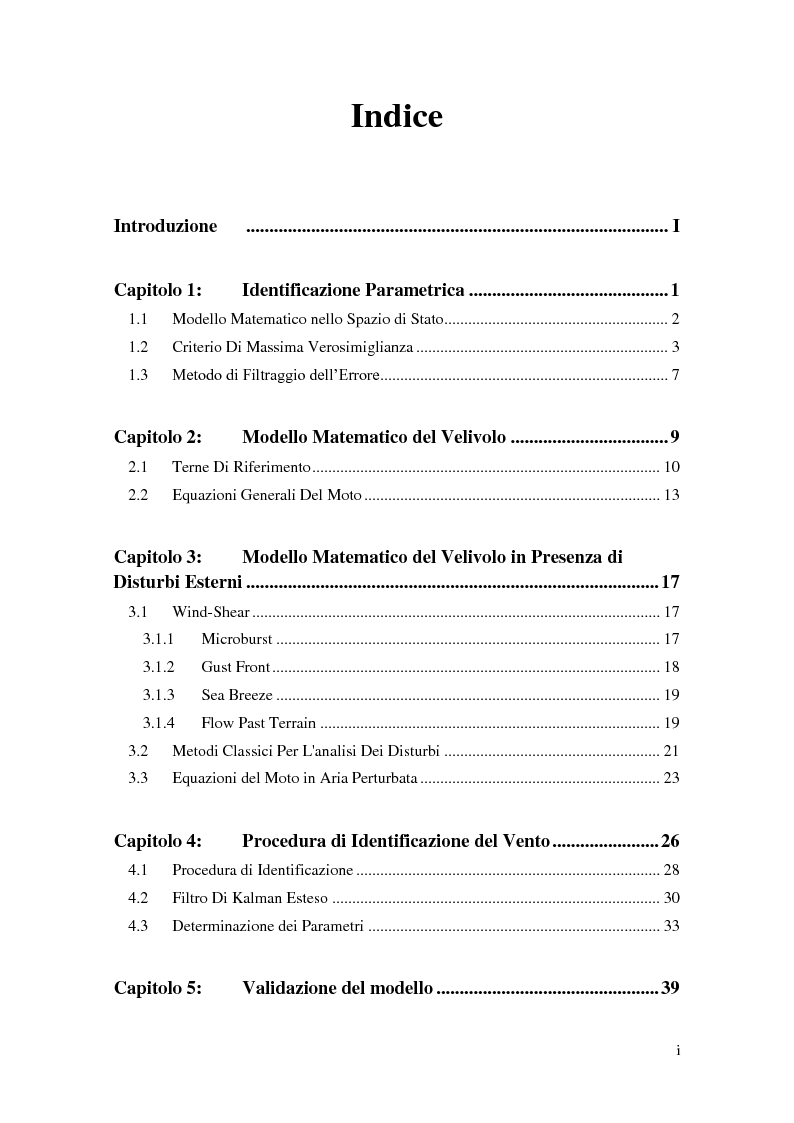 Indice della tesi: Modello di Wind-Shear Proveniente da Dati di Volo per Velivolo Ultraleggero Preceptor N3 PUP, Pagina 1
