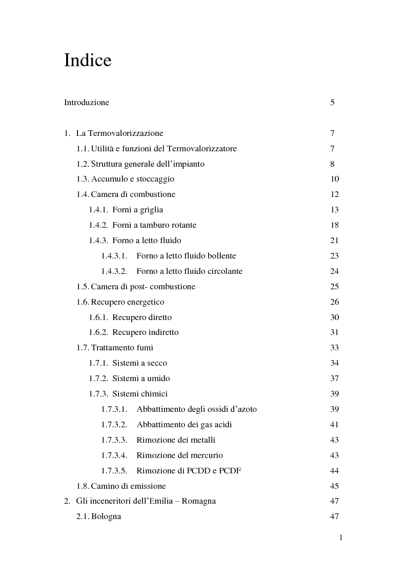 Indice della tesi: Analisi delle prestazioni e dei sistemi di depurazione di impianti di termovalorizzazione, Pagina 1
