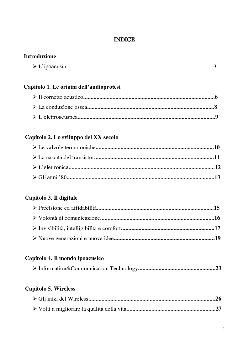 Indice della tesi: La tecnologia Wireless nelle protesi acustiche, Pagina 1