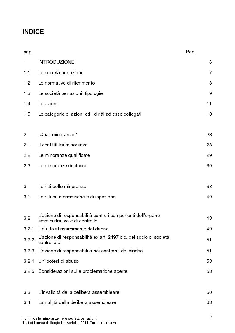 Indice della tesi: I diritti delle minoranze nelle società per azioni, Pagina 1