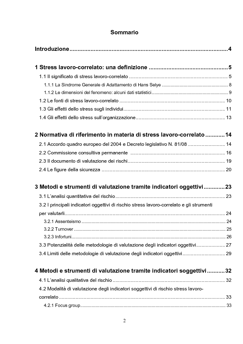 Indice della tesi: Potenzialità e limiti delle metodologie di valutazione dei rischi stress lavoro-correlato: analisi di un caso, Pagina 1