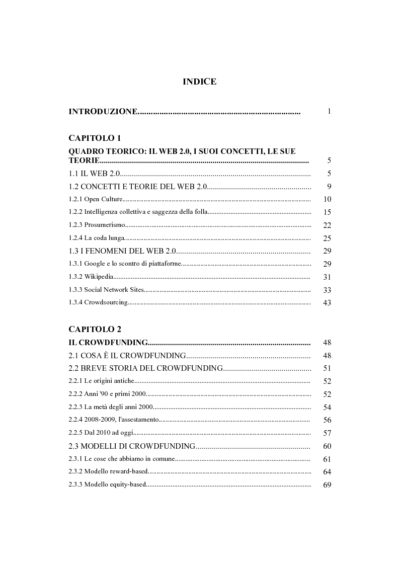 Indice della tesi: Indagine sulle problematiche e le prospettive di sviluppo del crowdfunding come strumento di finanziamento per il commercio equo e solidale, Pagina 1