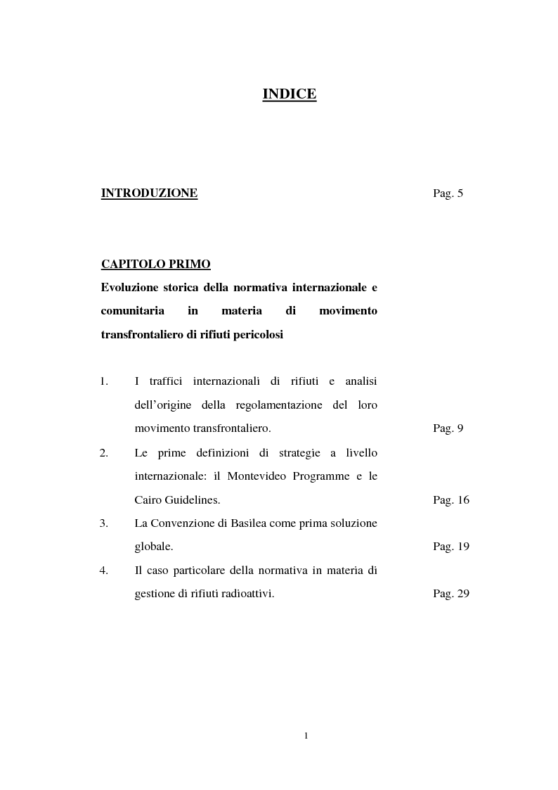 Indice della tesi: Il traffico transfrontaliero dei rifiuti pericolosi nei diritto internazionale, Pagina 1
