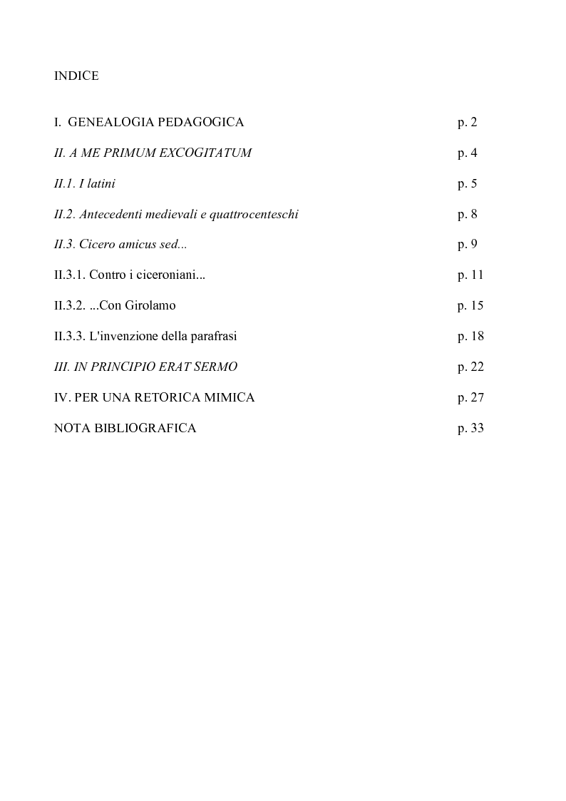 Indice della tesi: La retorica mimica di Erasmo da Rotterdam nel De Duplici Copia Verborum ac Rerum, Pagina 1