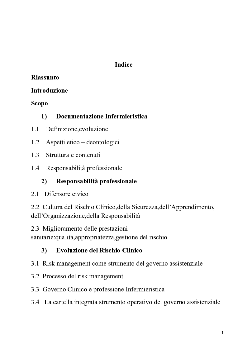 Indice della tesi: Documentazione Infermieristica: la responsabilità del professionista infermiere nella sua implementazione come strumento per garantire la sicurezza del paziente, Pagina 1