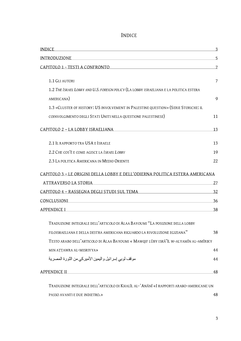 Indice della tesi: La politica estera americana verso il conflitto arabo-israelo-palestinese, Pagina 1