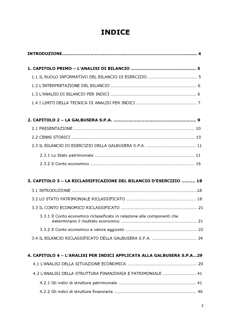 Indice della tesi: L'analisi di bilancio per indici. Un caso aziendale: la Galbusera S.P.A., Pagina 1