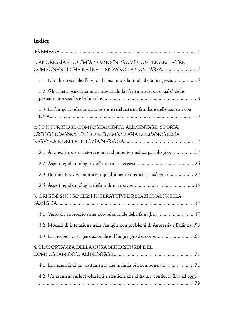 Indice della tesi: L'intervento sistemico - relazionale nei disturbi del comportamento alimentare, Pagina 1
