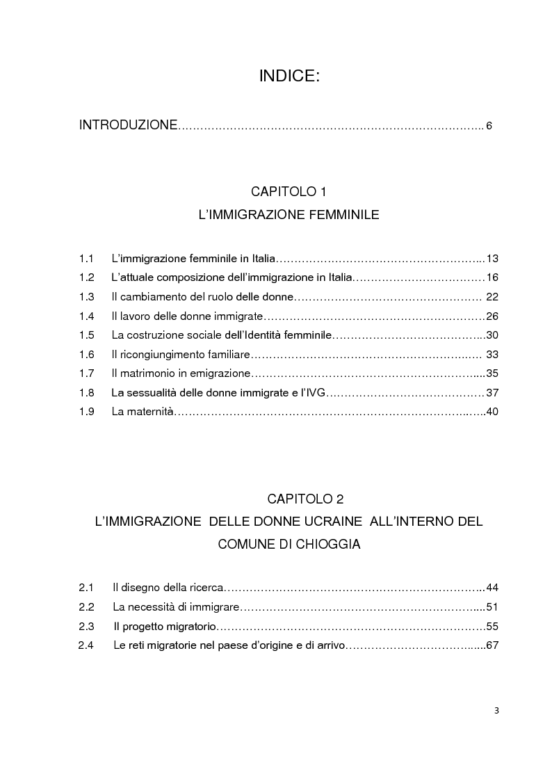 Indice della tesi: Donne in cammino: l’immigrazione ucraina nel Comune di Chioggia, Pagina 1