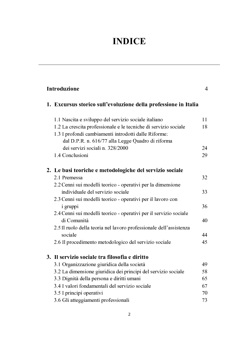 Indice della tesi: Identità deontologica e giuridica dell'assistente sociale nell'affermazione dei diritti sociali, Pagina 1