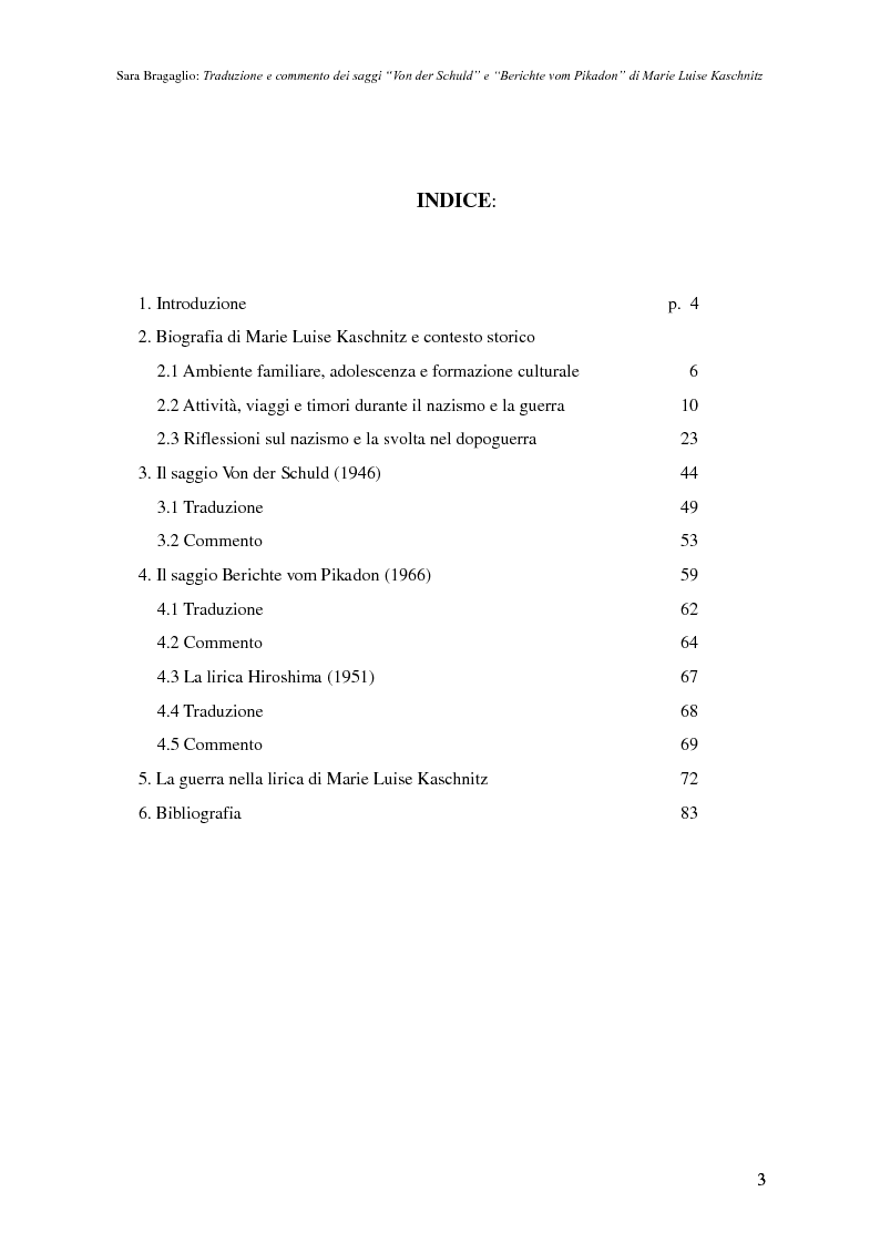 Indice della tesi: Traduzione e commento dei saggi “Von der Schuld” e “Berichte vom Pikadon” di Marie Luise Kaschnitz, Pagina 1