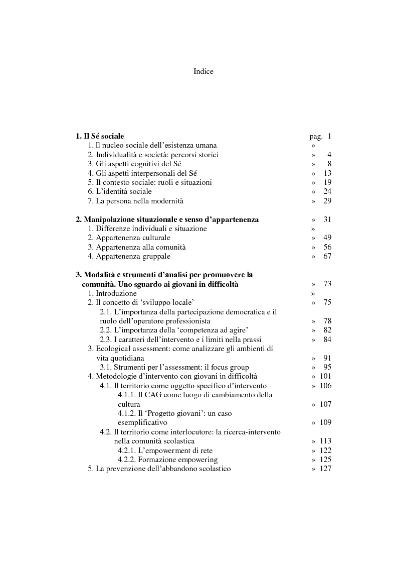 Indice della tesi: Il Sé Sociale. Comprendere il lavoro di Comunità a partire da una microanalisi, Pagina 1
