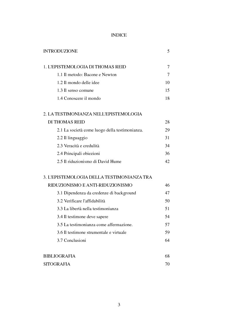Indice della tesi: La testimonianza nell'epistemologia di Thomas Reid. Oltre riduzionismo e anti-riduzionismo, Pagina 1