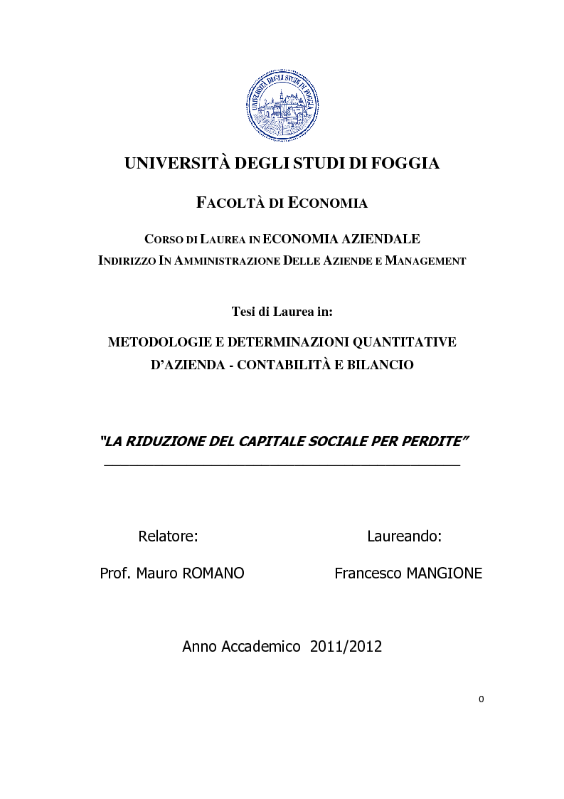 Anteprima della tesi: La riduzione del capitale sociale per perdite, Pagina 1