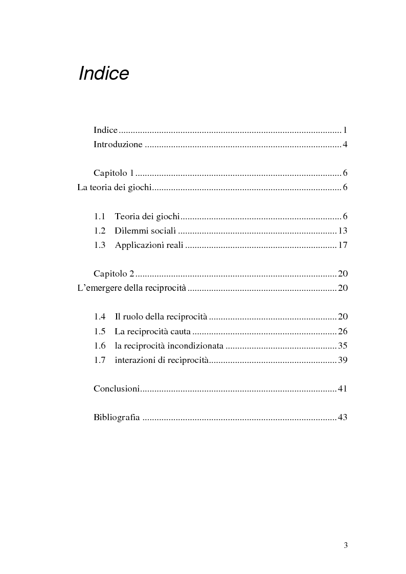 Indice della tesi: Reciprocità e interazioni umane in teoria dei giochi, Pagina 1