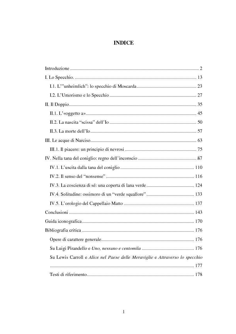 Indice della tesi: Specchi, doppi, nonsense: il sentiero del ''riflesso'' da Luigi Pirandello a Lewis Carroll, Pagina 1